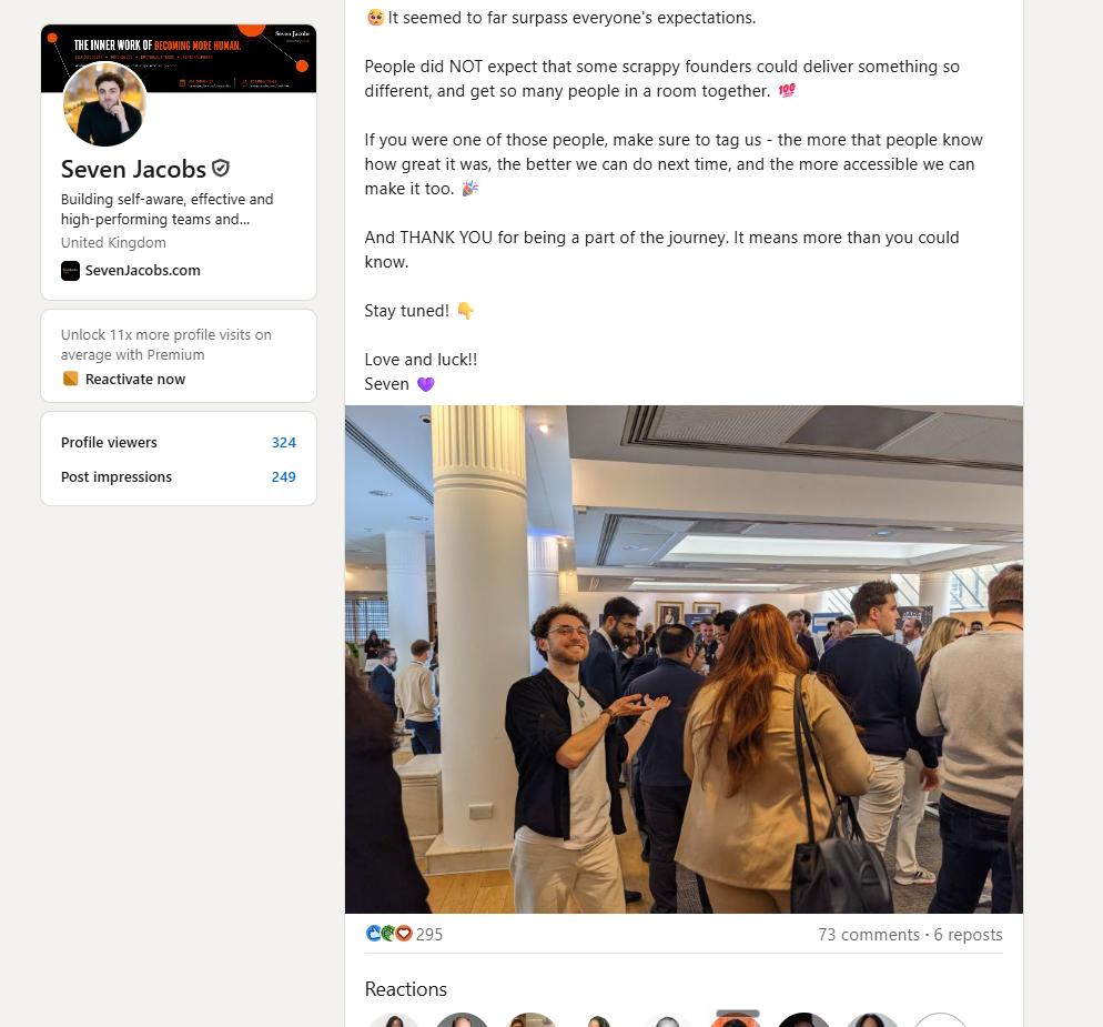 LinkedIn post about a Rare Founders event